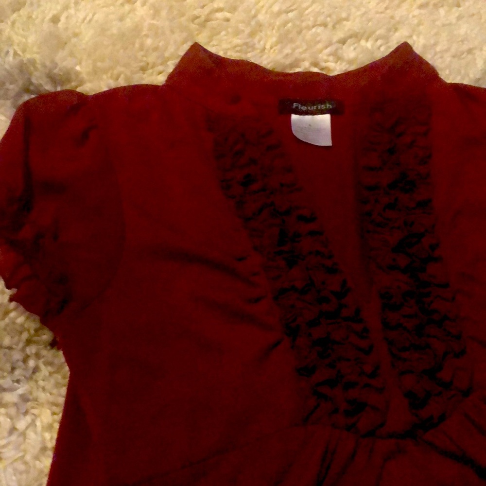 Maroon top with ruffle front & sheer cup sleeves